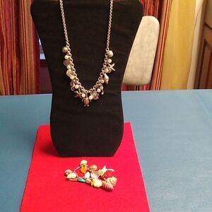 Beach Necklace & Bracelet Silver Tone Metal and Sea Shells w/Plastic Fish Sea